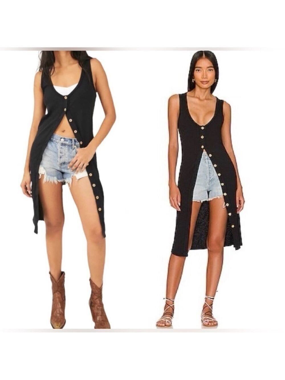 Free People Ribbed BoHo Beachy Gia Long Vest Dress Tunic Black NWT XL Festival